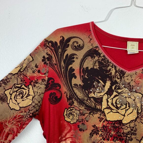 Jess & Jane Savanna Rose Studded All Over Print Graphic 3/4 Sleeve Shirt Tee XL - Picture 3 of 6